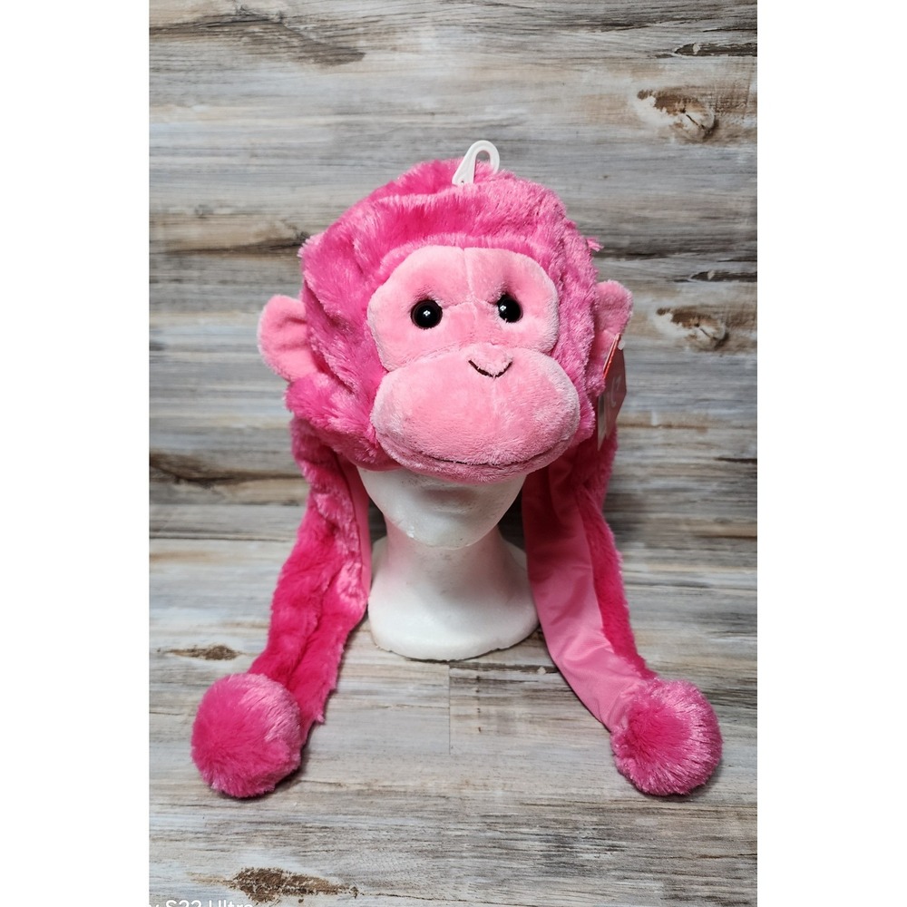 Aurora World Pink Chimp Pom Hat Kids Plush Animal Trapper Beanie 16669 NWT